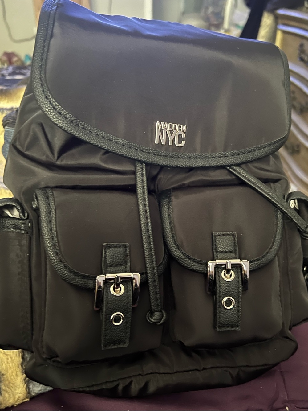 Madden NYC Black Nylon Backpack with Silver Hardware